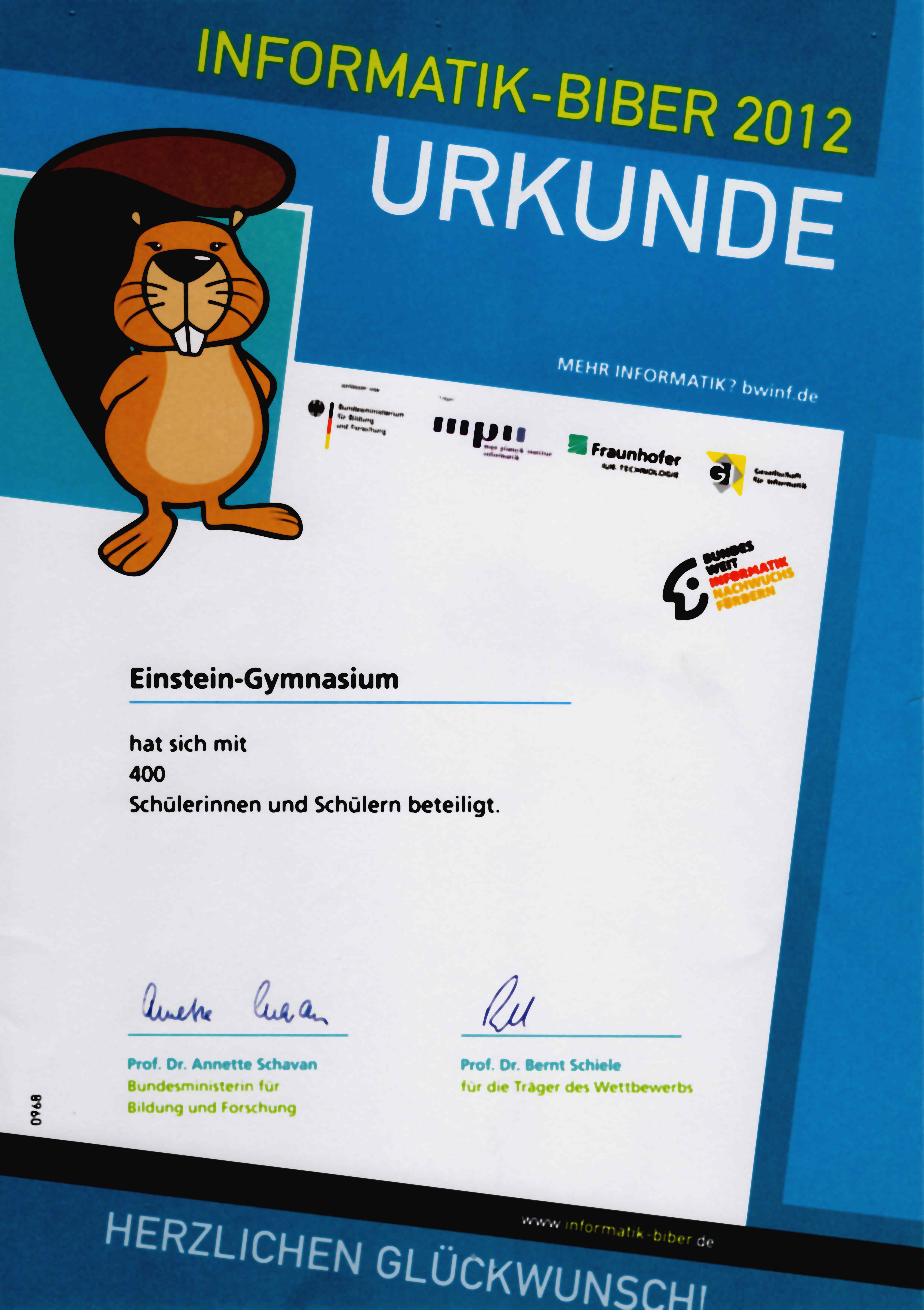 Biber-Urkunde für das Einstein-Gymnasium Potsdam
